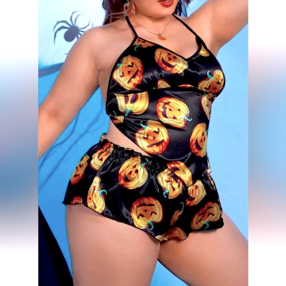 Halloween Pumpkin Halter & Shorts Set Satin Lingerie Women’s Size 1x NWOT